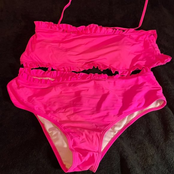 Two SHEIN Plus Frill Trim Hot Pink and Green  Bandeau Bikini Swimsuit - Picture 1 of 4
